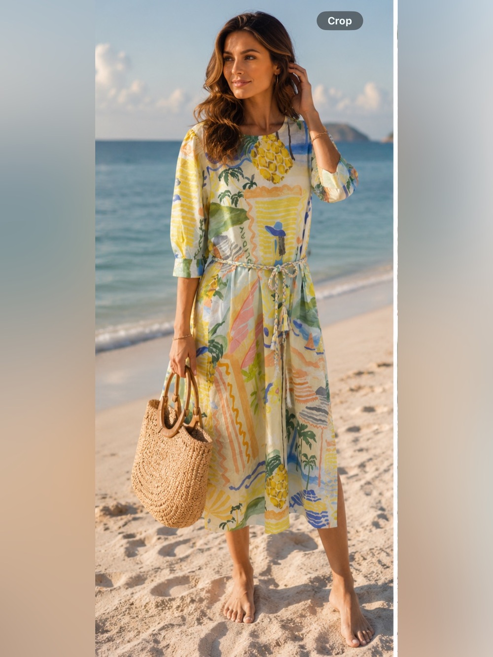 Tropical Yellow Print Midi Dress with Drawstring Waist